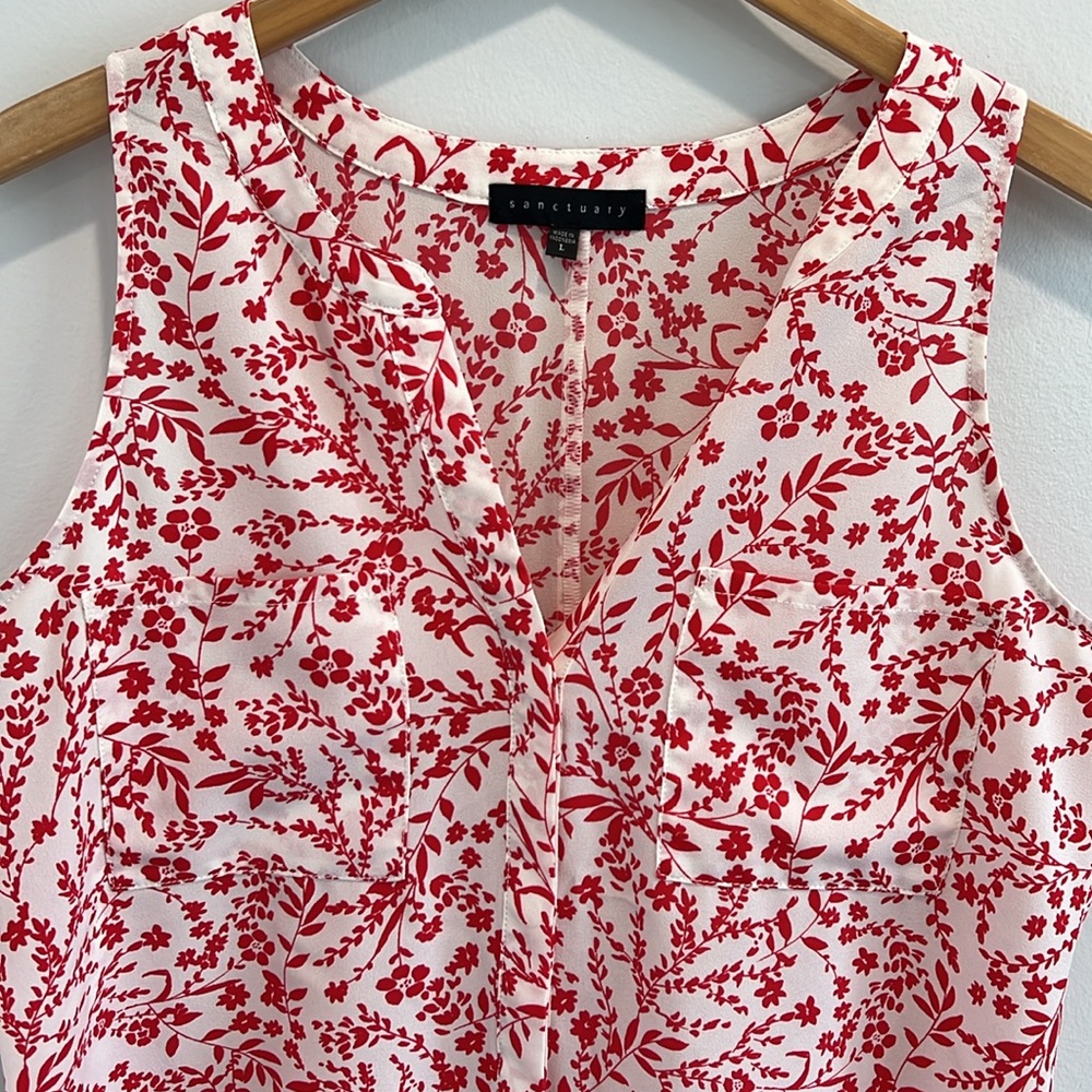 Sanctuary Red Sleeveless Button Down Blouse White Floral Tank Top Large - Picture 5 of 13